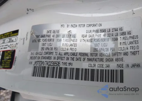 2010 Mazda Cx-9 Touring z USA, uszkodzony, nr VIN JM3TB3MV7A0238595